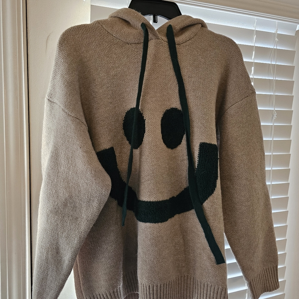 Beige Hoodie with Dark Green Smiley Face